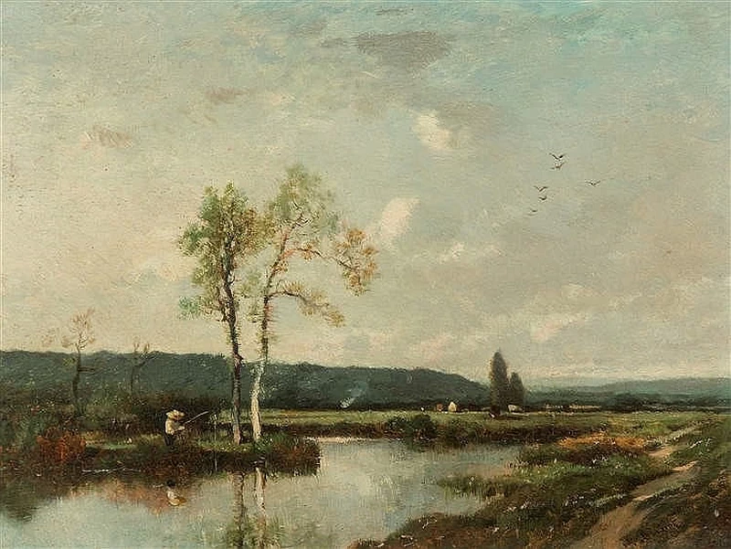 Paesaggio fluviale con pescatori